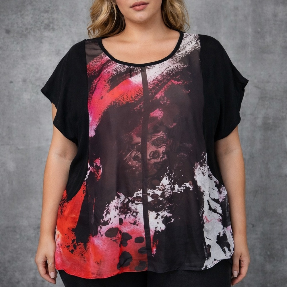 Vanilla Sugar Black Pink White‎ Blouse XL Cap Sleeve Graphic Tee See-Through